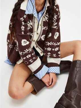 NWT Free People Brown and Cream Floral Fair Isle Cardigan XS